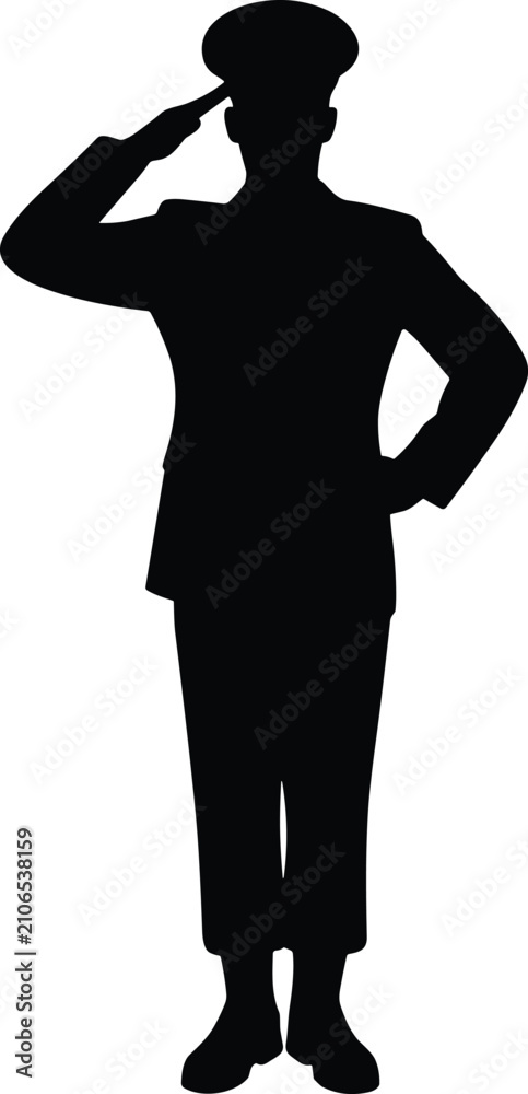 Fototapeta premium Silhouette Person in Formal Uniform Standing Upright Performing Military Salute Gesture of Respect and Honor Illustration
