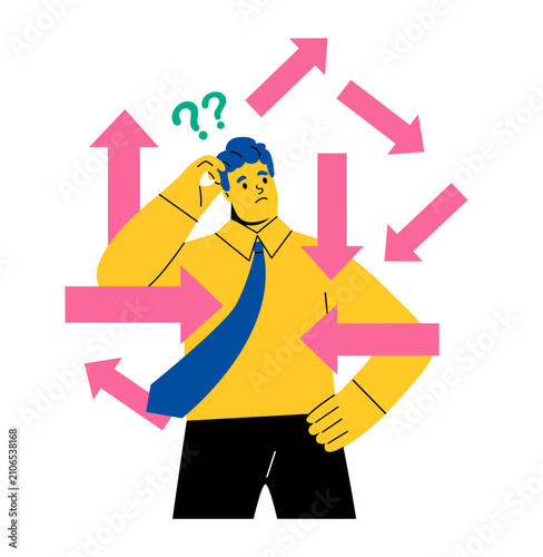 Business man trying to make answer question among arrows pointing in directions. Flat vector illustration isolated on white background