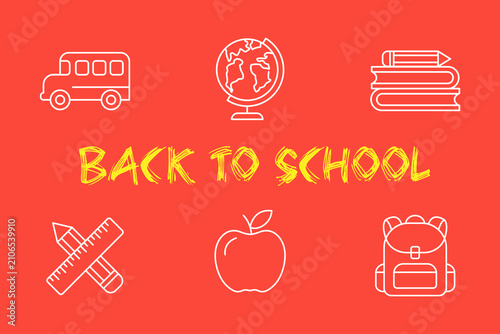 Back to school concept with school supplies icons like bus, globe, books, pencil, ruler, apple and backpack on red background