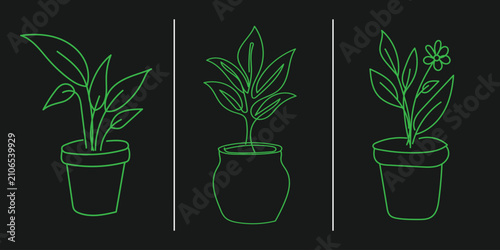 Set of three potted plants, continuous line drawing, minimalist botanical art, green neon style