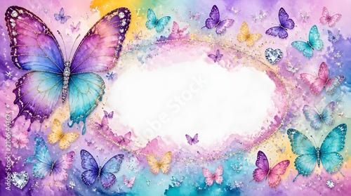 Vibrant Watercolor Butterflies and Glittering Sparkles Frame
Magical Pastel Background with Elegant Butterfly Decor