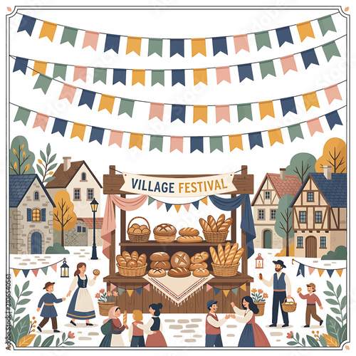 Canvas Print Colorful village festival celebration scene with people and houses