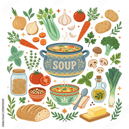 Φωτογραφία Colorful vegetable soup in a bowl with fresh herbs and spices.