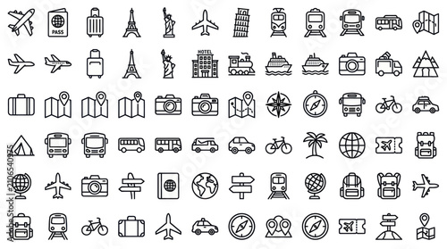 Travel, tourism, and vacation landmark icons.
