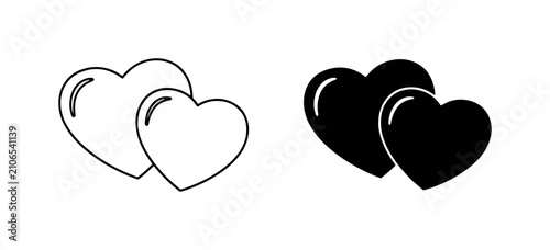 Two Hearts Vector Icons, Outline and Solid Fill, Love Symbol Graphics