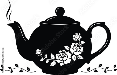 Black teapot with white rose floral and steam