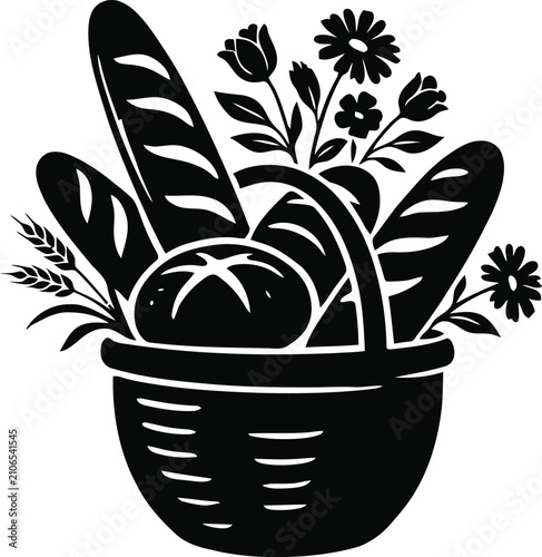 Black and white of a basket filled with bread and flowers