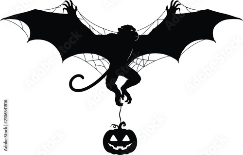 Black silhouette bat monkey holding Halloween pumpkin