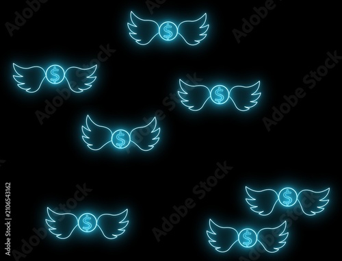 Obraz na plátně Glowing Neon blue winged dollar signs scattered on black background