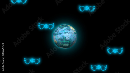 Obraz na plátně Glowing Earth surrounded by neon blue winged dollar signs planet.