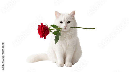 Cuadro en lienzo A fluffy white cat with long fur, calm green eyes, and a bushy tail is sitting c