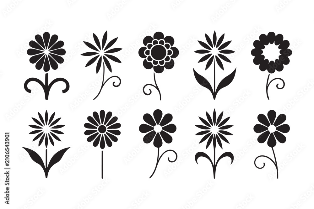 Fototapeta premium Black and White Floral Illustrations with Various Flower Styles on Transparent Background