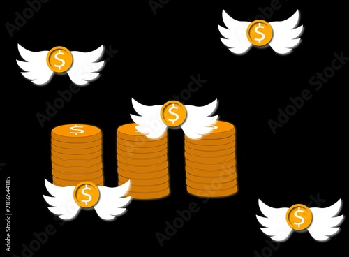 Obraz na plátně Flying Dollar Coins with Wings with dolor on Black Background.