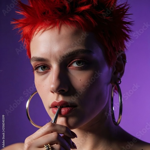  close up cinematic portrait of a woman with short spiked red hair and large hoop earrings