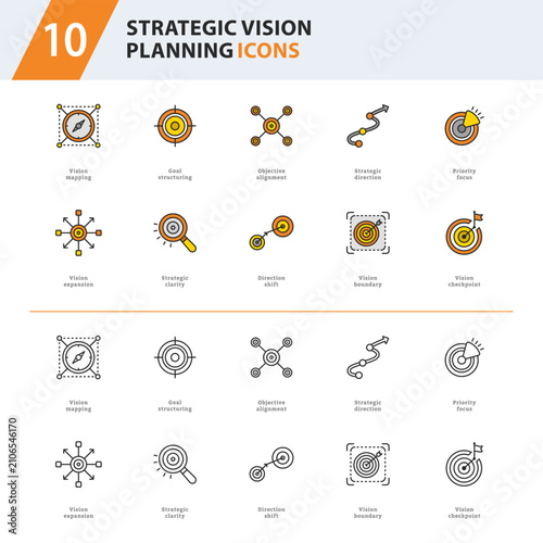 Strategic Vision Planning Outline Line Icons for SaaS Dashboard and Business Goal Management