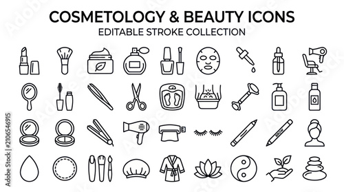 Cosmetology and beauty salon editable stroke icons.