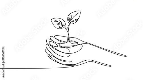 Minimalist Continuous Line Drawing of a Hand Cupping a Small Growing Sprout Representing Environmental Protection