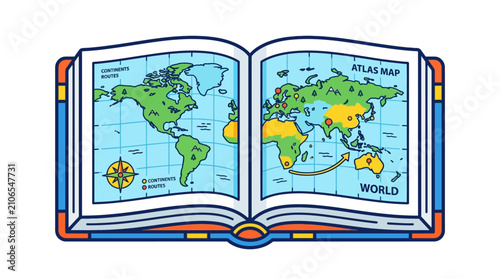 Open atlas displaying world maps vector illustration with colorful continents