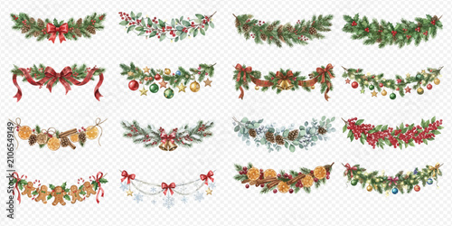 Canvastavla Set of festive Christmas garlands and borders with fir branches, ornaments, and holiday decorations, isolated on transparent background