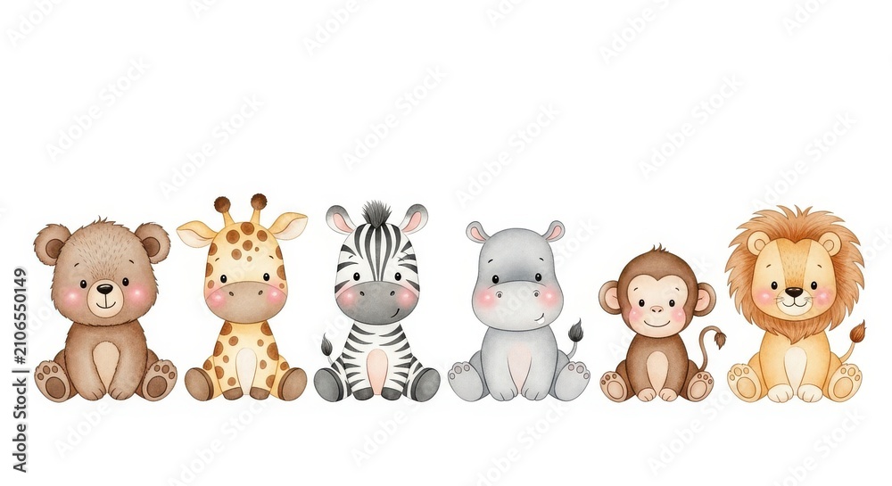 Obraz premium Cute Watercolor Baby Safari Animals Set - Bear, Giraffe, Zebra, Hippo, Monkey, and Lion Illustration for Nursery Decor