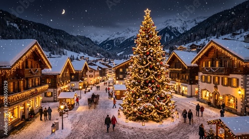 Luxury Snowy Christmas Village at Night with Glowing Christmas Tree