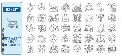 Sustainability and eco friendly environment icon set for green energy