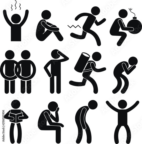 Collection of Black Silhouette Stick Figures Depicting Various Human Emotions and Activities