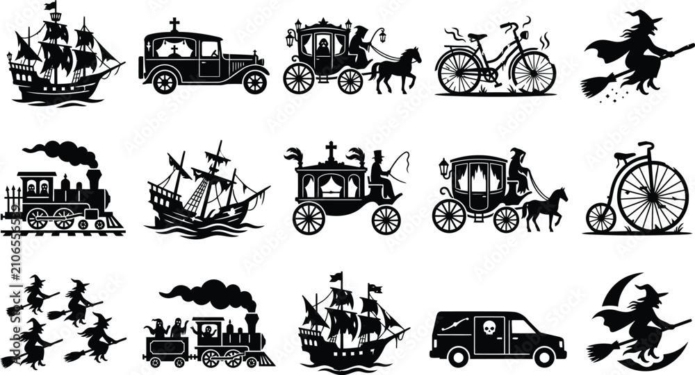 Obraz premium Ghostly transportation silhouettes including haunted ship hearse witch broom and ghost train.