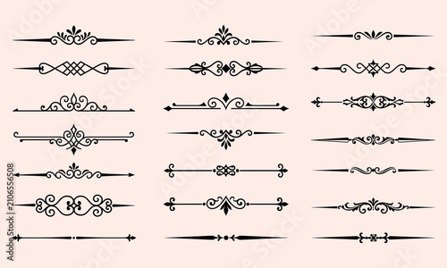 Minimalist black line dividers and ornamental calligraphic flourishes for document headers.