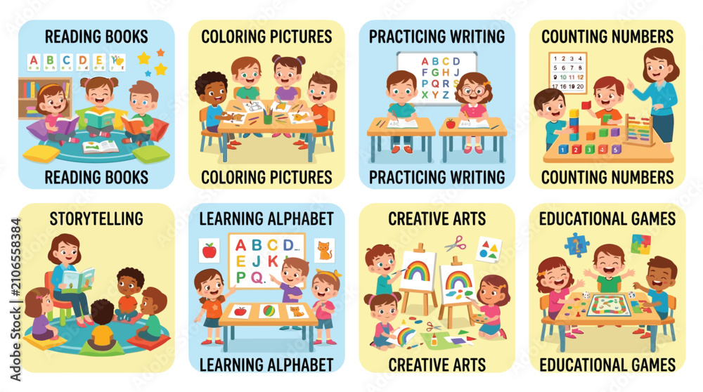 Fototapeta premium Set of cartoon illustrations showing children engaged in various educational classroom activities and learning.