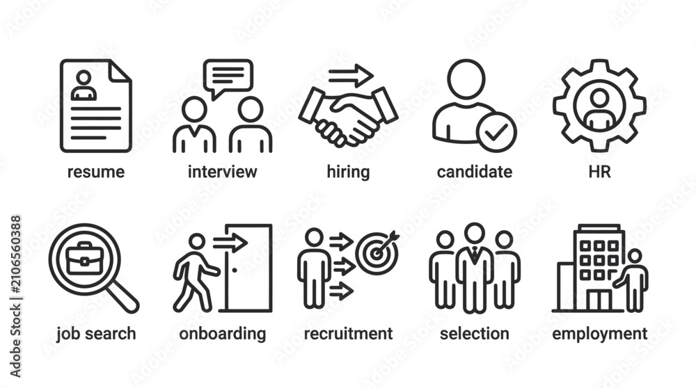 Fototapeta premium Human resources and recruitment professional icon set