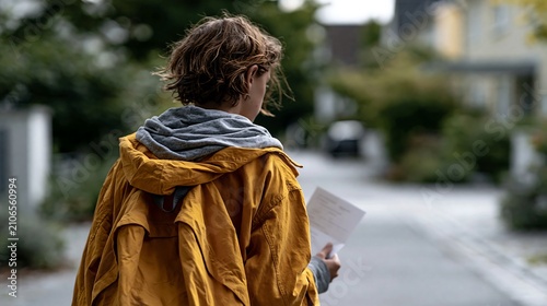 Teen student carrying disappointing school report while walking home. Concept of poor academic achievement, failed exam and education challenges.
