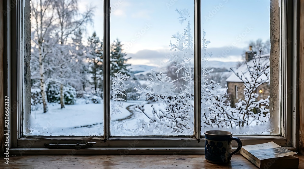 Obraz premium Cozy winter scene viewed through a frosted window with a book and mug