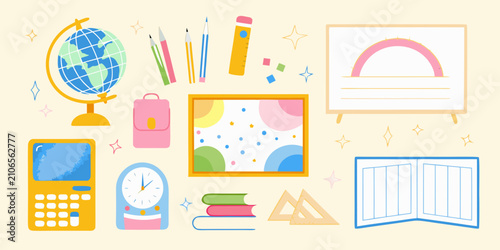 Quadro su tela School Supplies Collection Colorful Vector Illustration With Educational Items