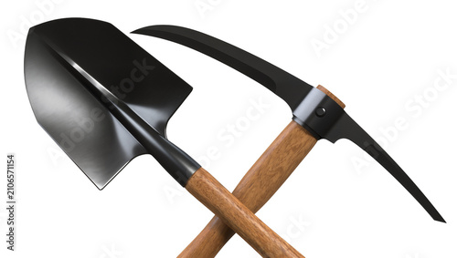 Fotografía Isolated sturdy metal pickaxe and shovel tools with wooden handles crossed reali