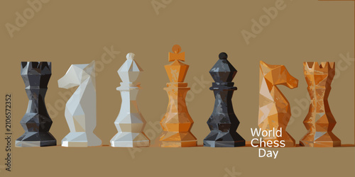 Schilderij op canvas Geometric chess pieces lineup vector illustration with a muted brown background