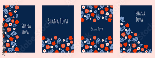 Rosh Hashana. Happy Shana Tova greeting card set. Abstract vector Pomegranate pattern flowers and leaves isolated blue background. Perfect Shana Tova holiday vertical Poster collection. EPS 10