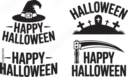 Foto Happy halloween vector illustrations with witch hat, graveyard and scythe