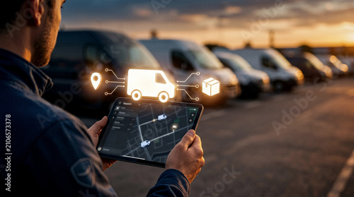 Over-shoulder photo of courier managing last mile delivery on supply chain optimization logistics tech app with tablet near parked fleet of vans at sunset