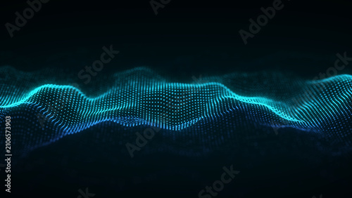 Obraz na plátně Blue dotted wave on dark background with glowing particle lines and soft depth