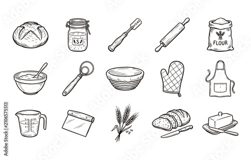 Obraz na płótnie Baking icon set featuring loaf of bread sourdough starter lame rolling pin flour