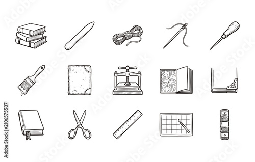 Quadro su tela Bookbinding icon set featuring stack of books folder thread needle awl brush boo