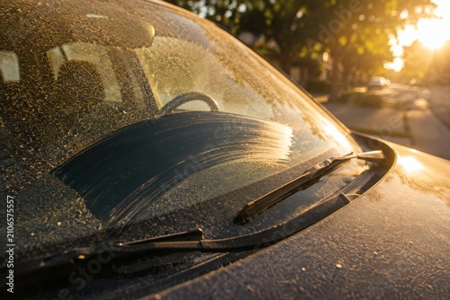 POV of a dirty car windshield heavily covered in a thick layer of yellow spring pollen.