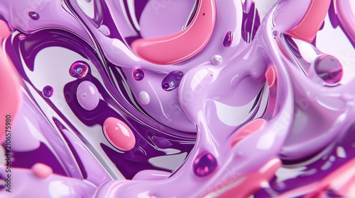 A splash of pink and purple liquid with bubbles and spheres.