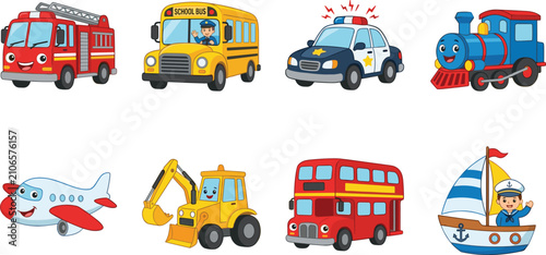 Fotografía Cute cartoon transport and vehicles vector character set for kids education and