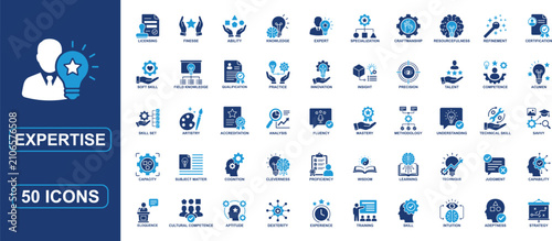 Konstfotografi Expertise Flat Style Icon Set Featuring Knowledge, Skill, Proficiency, Mastery,