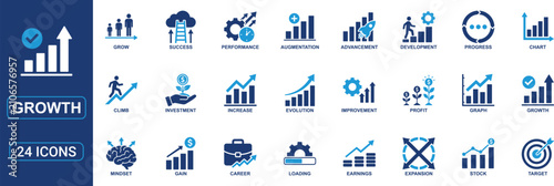 Growth Solid Icon Set Featuring Performance, Improvement, Business Growth, Increase, Development, Evolution, Investment, Profit, Earnings, Career, Target, Progress and Analytics Vector Symbols