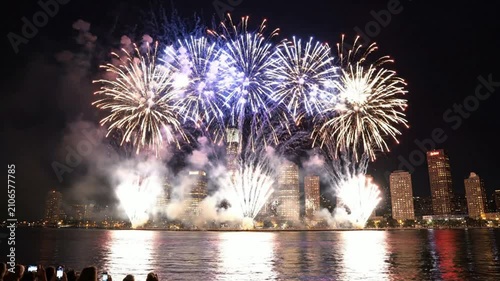 Spectacular Fireworks Bursting Over Urban City Skyline at Night