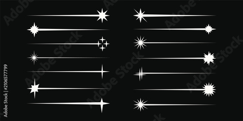 Set of vector celestial star dividers. Simple shooting sparkle lines, radiant starbursts, sleek horizontal highlight streaks. Clean high contrast vector separators isolated on a background.