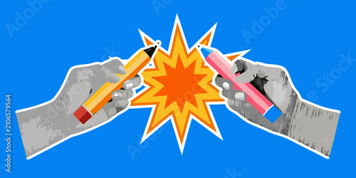 Obraz na płótnie Hands holding pencils colliding with starburst vector illustration
